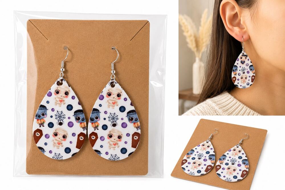Halloween Teardrop Dangle Earrings – Cute Spooky Character Print